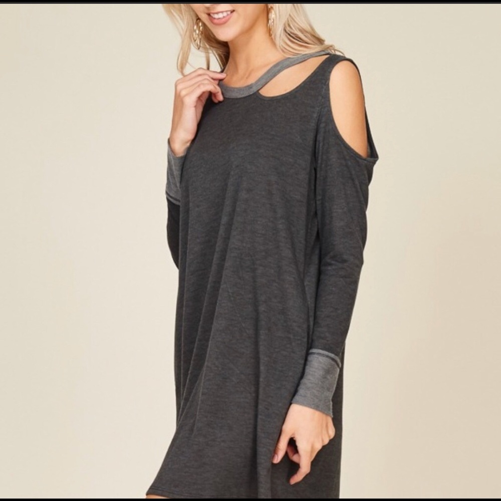 “Jane” Gray Long Sleeve Cold Shoulder Dress - Picture 2 of 4
